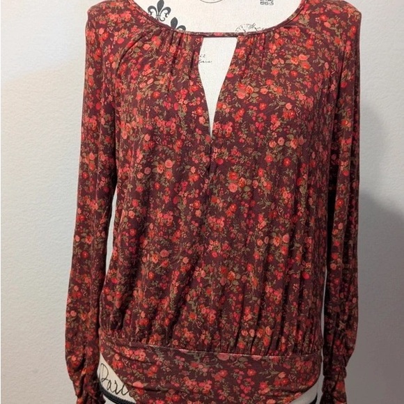 Free People Tops - Free People Red Floral Long-Sleeve Blouse